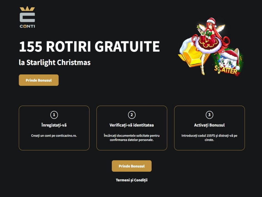 155 Rotiri Gratuite la Starlight Christmas Bonus Fără Depunere de la Conti Cazino